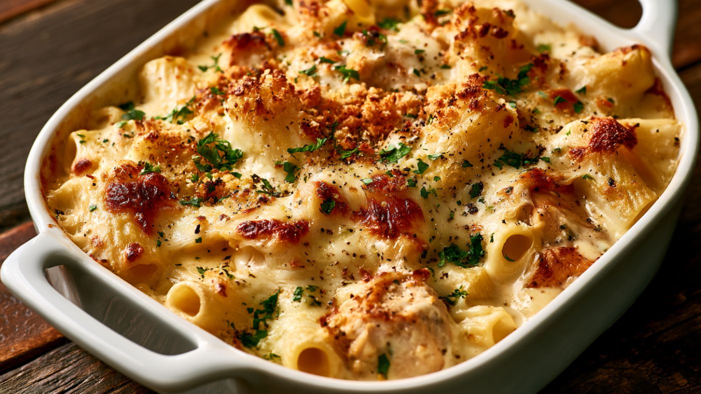 Garlic Butter Chicken Alfredo Pasta Bake